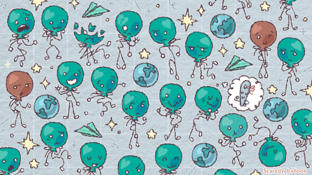 Redraw of my repeating Balloony wallpaper with lined art, All poses are different with stars sparkled around them. Incudes references to his Earth prize and BEEP plane
