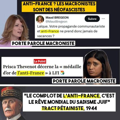 Les citations de Maud Bregeon, Prisca Thevenot et d'un tract pétainsite. Leur point commun ? Mettre en avant le concept d'anti-France.