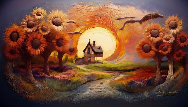 Digital painting of a quaint house surrounded by giant sunflower trees under a vibrant, swirling sunset sky, reflecting in a winding river, creating a surreal landscape.  Image at:   https://beautifulsunphotography.com/featured/the-homestead-amidst-sunflowers-widesceen-format-deb-beausoleil.html  See more art & blog at: https://beautifulsunphotography.com/ https://debbeautifulsunphotography.com/ https://www.zazzle.com/store/beautifulsun_designs https://debbeausoleil.com https://www.artpal.com/BeautifulSun/