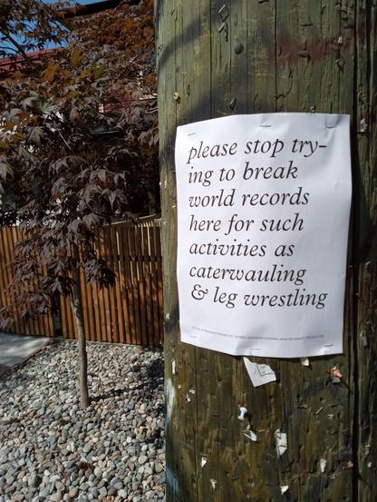 poster on telephone pole reading: 'please stop trying to break world records here for such activities as caterwauling & leg wrestling'