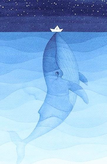 A different blue hues painting of whale in water and moving with his nose a little white paper boat 