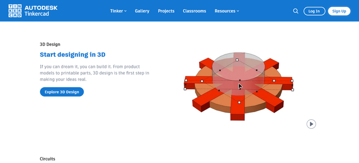 Screenshot of the  Tinkercad homepage with 3D design card with text on the left and 3D illustration on the right.
Text:
3D Design
Start designing in 3D
If you can dream it, you can build it. From product models to printable parts, 3D design is the first step in making your ideas real.
Explore 3D Design