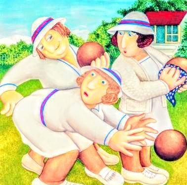 WHIMSICAL painting of women playing a ball sport on a lawn 