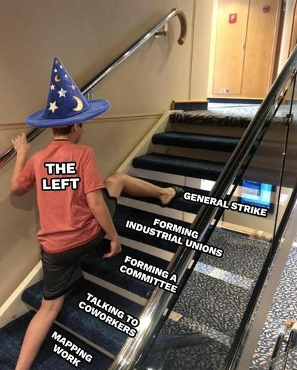 Staircase
highest step
GENERAL STRIKE
Step below
FORMING INDUSTRIAL UNIONS
Step Below
Forming a Committee
Next Step
Talking to coworkers
First step
Mapping Work
A “wizard/Magic” hat wearing person
in a THE LEFT on back t-shirt
Stretches leg all the way across the below steps to the top step General Strike