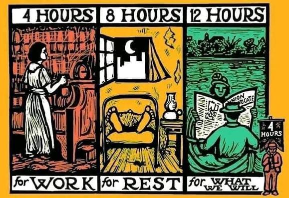 4 Hours for work
(working at table)
8 hours for rest
(Worker sleeping in bed)
12 hours for what we will.
(Workers talking & reading Union Advocate paper)