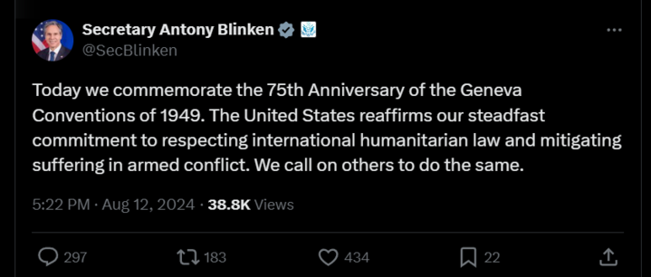 Screenshot of a tweet by US Secretary of State Antony Blinken, which says:
