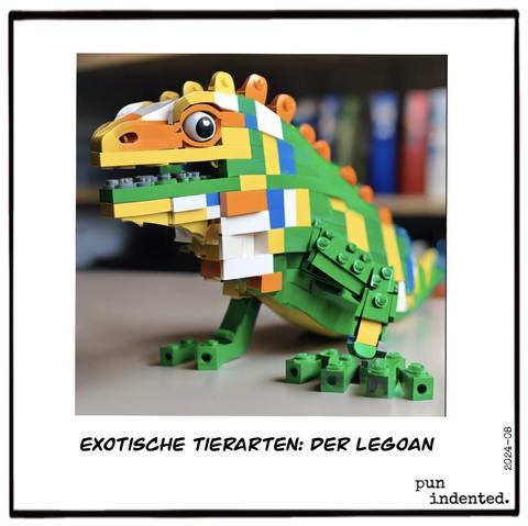 Ein Bild eines bunten Leguans aus Legosteinen. Bildunterschrift: Exotische Tierarten: Der Legoan.
