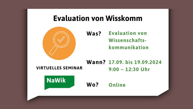 Hinweise zum Evaluationsseminar. Was, Wann, Wo auf einer weißen Sprechblase vor einem braunen Hintergrund. Links unten steht das NaWik-Logo und ein orangefarbnes Ikon mit einer Lupe.