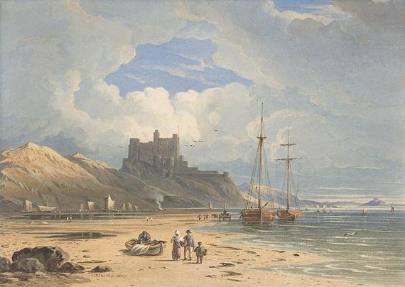 Painting of Bamborough Castle from the Northeast as seen from the seashore, with Holy Island in the Distance