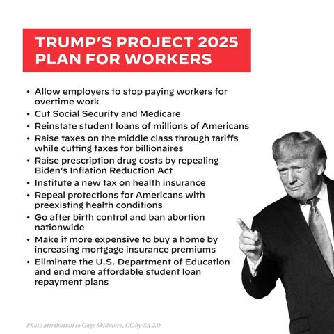 Posted by @KamalaHQ , 8/13/24 ( https://x.com/KamalaHQ/status/1823382031788654869 ): 
Trump's project 2025 plan for workers - lists 10 ways Trump is bad for workers

