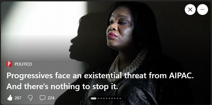 Article screenshot: 
POLITICO

Progressives face an existential threat from AIPAC. And there's nothing to stop it.

Story by Ally Mutnick and Sarah Ferris