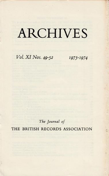 The front cover of Archives: The Journal of the British Records Association - Index to Vol XI, Nos 49-52, 1973-1974. Plain white with title in black.