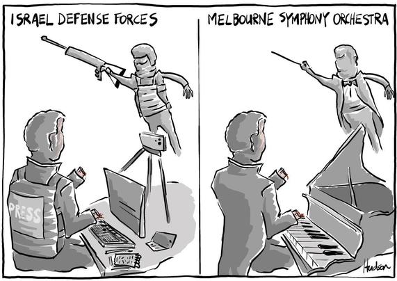 Israel Defence Forces 
Soldier with rifle conducts a PRESS military vest wearing journalist typing on a computer in front of phone camera.
Melbourne Symphony Orchestra 
Conductor instructs pianist 