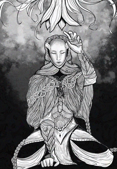 A grayscale art piece depicting the NPC Thiollier from Elden Ring: Shadow of the Erdtree, in fine lineart. He is sitting in a W-sit position, with his right hand pressed to the ground and his left hand reaching upward toward a St. Trina's Lily