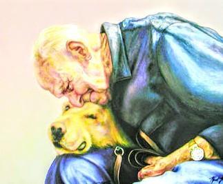 Painting of an older man with his companion dog 