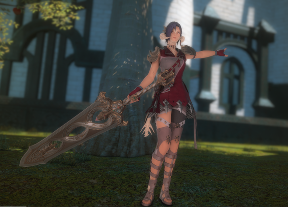 Berin Rinrin in a red summery tank outfit consisting of a long sleeveless top, tight pants with cutouts and knee-high sandals. She is posing with a greatsword.