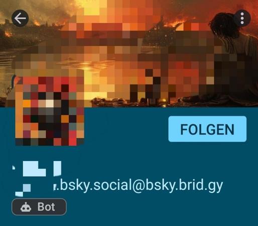 Screenshot eines Bluesky Accounts, der als Bot im Fediverse gespiegelt wird