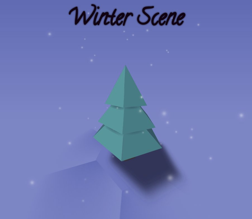 Screenshot of winter scene containing a 3D tree being snowed on as it rotates.