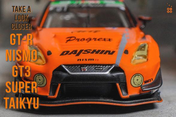 Some close-up shots of Nissan GT-R Nismo GT3, Super Taikyu Series 2021, Fuji 24 hours 2021, No. 81 Winner by Tarmac Works in 1:64 scale with 1:64 figure on AREA 164