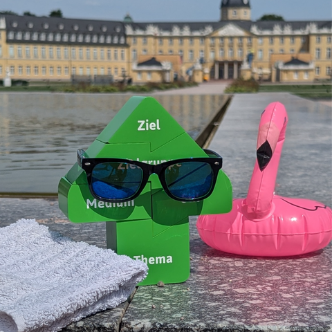 In der Mitte steht der NaWik-Pfeil. Er trägt eine schwarze Sonnenbrille. Links daneben liegt ein weißes Handtuch. Rechts steht ein runder, pinker Flamingo. Im Hintergrund ist das Karlsruher Schloss zu sehen. 
