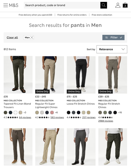 A screenshot of a search on the M&S website for “pants” in “Men”. All pictured results are pairs of trousers.