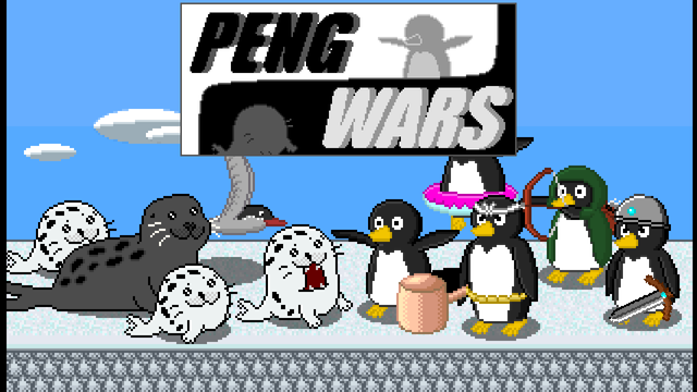 a pixel art image of penguins defending themselves against anarchic prey animals like leopard seals and birds of prey. The title "Peng Wars" is displayed. Some of the penguins are big and wield hammers. One is an archer. The other one has a helmet and sword. The other is in a swimming tube. 