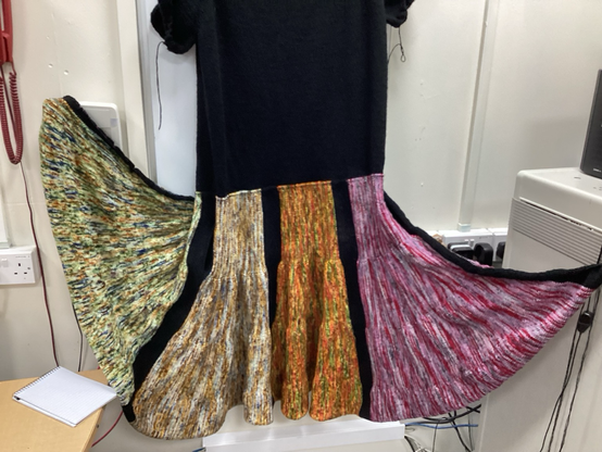 A short sleeved black dress with a flared skirt. The skirt show 4 multicoloured sections. From left to right, the first is green and blue colours with flashed of yellow. The second is browns and whites with flashed of blue. The third section is red, green, yellow and orange. The final section is pinks and red tones.