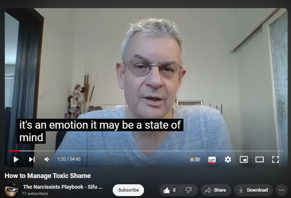 https://www.youtube.com/watch?v=vv_OsDgyPTU
How to Manage Toxic Shame


39 views  8 Aug 2024
Shame is self-directed, self-negating anger at helplessness in the face of overwhelming external circumstances or uncontrollable internal impulses and behaviors.  

Shame: aggression, prolonged grief, introjection (if abuser POV, society).

Affect of conscience: shame.

Self-audiencing (negative vs. positive in narcissistic self-supply).

Solution:

Manage your anger – don’t let it manage you (   • Express Constructive Anger, Not Narci...  )

Love yourself (   • Love Yourself: Here’s How - or, The F...  )

Unlearn helplessness (   • Narcissistic Entitlement=Learned Help...  )

(Life's Wisdom playlist    • Life's Wisdom  )

Don’t face – efface.

Get underwhelmed – not overwhelmed.

Change circumstances, environment.

Control your impulses.

Uploaded by Sifu Dave Malone

For more info contact 
Sifu Dave Malone
The Krav Maga & Kenpo Karate 
Martial Arts and Self defense 
Academy
Wexford,
Ireland.