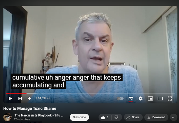 https://www.youtube.com/watch?v=vv_OsDgyPTU
How to Manage Toxic Shame

39 views  8 Aug 2024
Shame is self-directed, self-negating anger at helplessness in the face of overwhelming external circumstances or uncontrollable internal impulses and behaviors.  

Shame: aggression, prolonged grief, introjection (if abuser POV, society).

Affect of conscience: shame.

Self-audiencing (negative vs. positive in narcissistic self-supply).

Solution:

Manage your anger – don’t let it manage you (   • Express Constructive Anger, Not Narci...  )

Love yourself (   • Love Yourself: Here’s How - or, The F...  )

Unlearn helplessness (   • Narcissistic Entitlement=Learned Help...  )

(Life's Wisdom playlist    • Life's Wisdom  )

Don’t face – efface.

Get underwhelmed – not overwhelmed.

Change circumstances, environment.

Control your impulses.

Uploaded by Sifu Dave Malone

For more info contact 
Sifu Dave Malone
The Krav Maga & Kenpo Karate 
Martial Arts and Self defense 
Academy
Wexford,
Ireland.