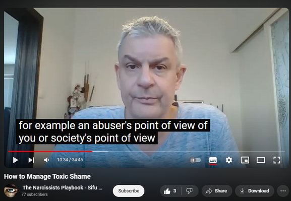 https://www.youtube.com/watch?v=vv_OsDgyPTU
How to Manage Toxic Shame
39 views  8 Aug 2024
Shame is self-directed, self-negating anger at helplessness in the face of overwhelming external circumstances or uncontrollable internal impulses and behaviors.  

Shame: aggression, prolonged grief, introjection (if abuser POV, society).

Affect of conscience: shame.

Self-audiencing (negative vs. positive in narcissistic self-supply).

Solution:

Manage your anger – don’t let it manage you (   • Express Constructive Anger, Not Narci...  )

Love yourself (   • Love Yourself: Here’s How - or, The F...  )

Unlearn helplessness (   • Narcissistic Entitlement=Learned Help...  )

(Life's Wisdom playlist    • Life's Wisdom  )

Don’t face – efface.

Get underwhelmed – not overwhelmed.

Change circumstances, environment.

Control your impulses.

Uploaded by Sifu Dave Malone

For more info contact 
Sifu Dave Malone
The Krav Maga & Kenpo Karate 
Martial Arts and Self defense 
Academy
Wexford,
Ireland.