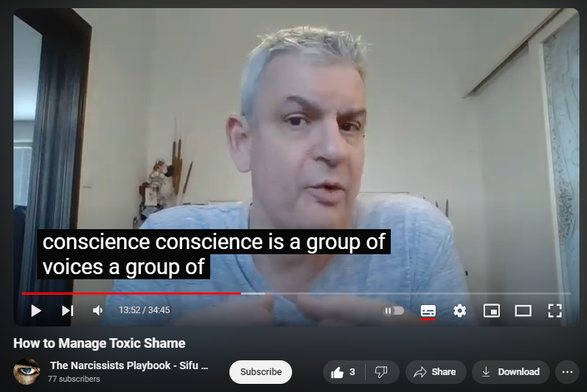 https://www.youtube.com/watch?v=vv_OsDgyPTU
How to Manage Toxic Shame


39 views  8 Aug 2024
Shame is self-directed, self-negating anger at helplessness in the face of overwhelming external circumstances or uncontrollable internal impulses and behaviors.  

Shame: aggression, prolonged grief, introjection (if abuser POV, society).

Affect of conscience: shame.

Self-audiencing (negative vs. positive in narcissistic self-supply).

Solution:

Manage your anger – don’t let it manage you (   • Express Constructive Anger, Not Narci...  )

Love yourself (   • Love Yourself: Here’s How - or, The F...  )

Unlearn helplessness (   • Narcissistic Entitlement=Learned Help...  )

(Life's Wisdom playlist    • Life's Wisdom  )

Don’t face – efface.

Get underwhelmed – not overwhelmed.

Change circumstances, environment.

Control your impulses.

Uploaded by Sifu Dave Malone

For more info contact 
Sifu Dave Malone
The Krav Maga & Kenpo Karate 
Martial Arts and Self defense 
Academy
Wexford,
Ireland.