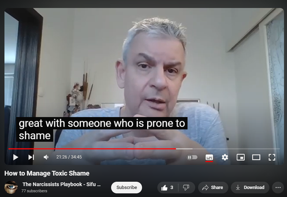 https://www.youtube.com/watch?v=vv_OsDgyPTU
How to Manage Toxic Shame


39 views  8 Aug 2024
Shame is self-directed, self-negating anger at helplessness in the face of overwhelming external circumstances or uncontrollable internal impulses and behaviors.  

Shame: aggression, prolonged grief, introjection (if abuser POV, society).

Affect of conscience: shame.

Self-audiencing (negative vs. positive in narcissistic self-supply).

Solution:

Manage your anger – don’t let it manage you (   • Express Constructive Anger, Not Narci...  )

Love yourself (   • Love Yourself: Here’s How - or, The F...  )

Unlearn helplessness (   • Narcissistic Entitlement=Learned Help...  )

(Life's Wisdom playlist    • Life's Wisdom  )

Don’t face – efface.

Get underwhelmed – not overwhelmed.

Change circumstances, environment.

Control your impulses.

Uploaded by Sifu Dave Malone

For more info contact 
Sifu Dave Malone
The Krav Maga & Kenpo Karate 
Martial Arts and Self defense 
Academy
Wexford,
Ireland.