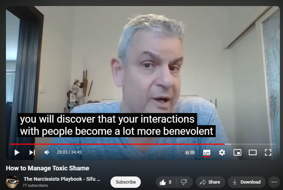 https://www.youtube.com/watch?v=vv_OsDgyPTU
How to Manage Toxic Shame

39 views  8 Aug 2024
Shame is self-directed, self-negating anger at helplessness in the face of overwhelming external circumstances or uncontrollable internal impulses and behaviors.  

Shame: aggression, prolonged grief, introjection (if abuser POV, society).

Affect of conscience: shame.

Self-audiencing (negative vs. positive in narcissistic self-supply).

Solution:

Manage your anger – don’t let it manage you (   • Express Constructive Anger, Not Narci...  )

Love yourself (   • Love Yourself: Here’s How - or, The F...  )

Unlearn helplessness (   • Narcissistic Entitlement=Learned Help...  )

(Life's Wisdom playlist    • Life's Wisdom  )

Don’t face – efface.

Get underwhelmed – not overwhelmed.

Change circumstances, environment.

Control your impulses.

Uploaded by Sifu Dave Malone

For more info contact 
Sifu Dave Malone
The Krav Maga & Kenpo Karate 
Martial Arts and Self defense 
Academy
Wexford,
Ireland.