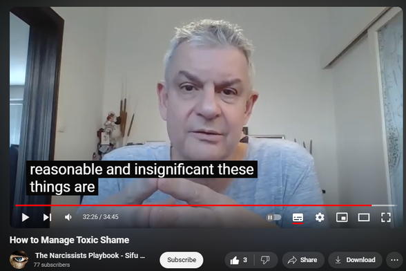 https://www.youtube.com/watch?v=vv_OsDgyPTU
How to Manage Toxic Shame
39 views  8 Aug 2024
Shame is self-directed, self-negating anger at helplessness in the face of overwhelming external circumstances or uncontrollable internal impulses and behaviors.  

Shame: aggression, prolonged grief, introjection (if abuser POV, society).

Affect of conscience: shame.

Self-audiencing (negative vs. positive in narcissistic self-supply).

Solution:

Manage your anger – don’t let it manage you (   • Express Constructive Anger, Not Narci...  )

Love yourself (   • Love Yourself: Here’s How - or, The F...  )

Unlearn helplessness (   • Narcissistic Entitlement=Learned Help...  )

(Life's Wisdom playlist    • Life's Wisdom  )

Don’t face – efface.

Get underwhelmed – not overwhelmed.

Change circumstances, environment.

Control your impulses.

Uploaded by Sifu Dave Malone

For more info contact 
Sifu Dave Malone
The Krav Maga & Kenpo Karate 
Martial Arts and Self defense 
Academy
Wexford,
Ireland.