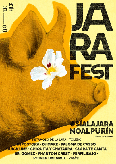 Cartel del festival la JaraFest donde aparece la cabeza de un cerdo con una flor de jara en el ojo.