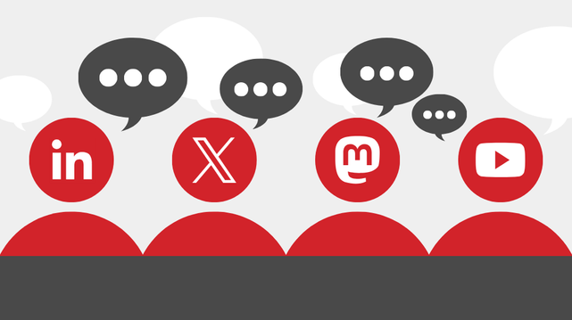 Red figures bearing the logos of LinkedIn, X, Mastodon, and YouTube surrounded by speech bubbles