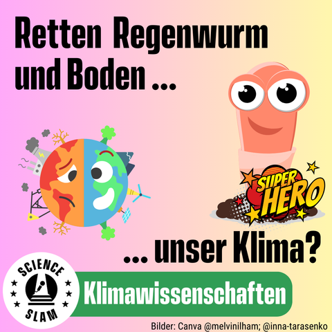 Text: „Retten Regenwurm und Boden unser Klima?“ In der Mitte des Bildes sind zwei Comic-Zeichnungen zu sehen: Ein Regenwurm, der aus dem Boden kommt, mit dem Wort „Superhero“ schräg darüber und ein Bild von der Erde, die auf der einen Seite rot und verbrannt vom Klimawandel ist und auf der anderen Seite gesund, grün und blau. Darunter steht „Klimawissenschaften“.
