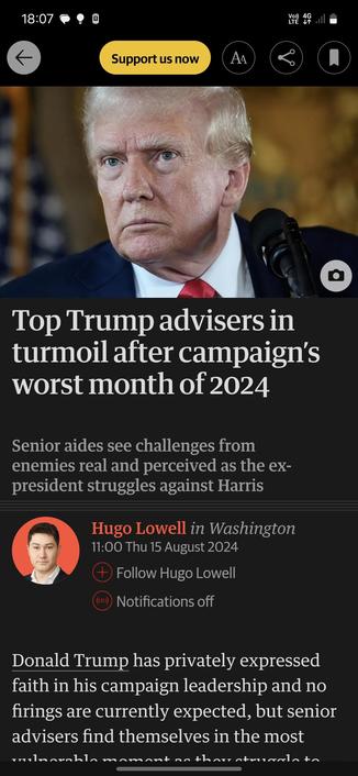 A screenshot of a newspaper headline reading "Top Trump advisors in turmoil"