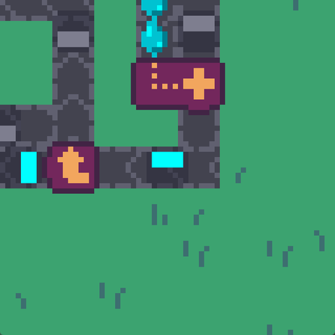 Another screenshot of my game, Boxez. It too shows several conveyor belts, buildings and a bunch of boxes, but also a few drops of cyan paint.