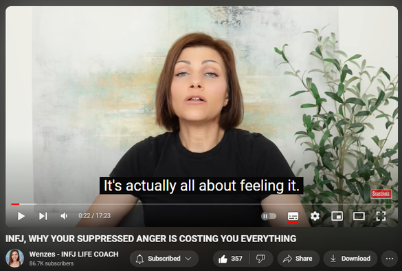 https://www.youtube.com/watch?v=YJWjdTvw6xs
INFJ, WHY YOUR SUPPRESSED ANGER IS COSTING YOU EVERYTHING

3,851 views  14 Aug 2024  2024 videos
Work with me 1-on-1: https://1-on-1-coaching.wenzes.com/
Free INFJ EPIC LIFE Formula Poster: https://infjformula.gr8.com/ 
Get the INFJ Audio GUIDE TODAY!!! https://wenzes.thinkific.com/courses/... 
Join INFJ Bootcamp Waiting List https://bootcampwaitinglist.wenzes.com/

INFJ Life Coach  Lesson: Unleash the power of INFJ rage! Discover why we shy away from this intense emotion and how facing it head-on can lead to personal growth and a whole new world of possibilities. Learn how expressing anger in a healthy way can transform your life as an INFJ.