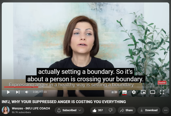 https://www.youtube.com/watch?v=YJWjdTvw6xs
INFJ, WHY YOUR SUPPRESSED ANGER IS COSTING YOU EVERYTHING

3,851 views  14 Aug 2024  2024 videos
Work with me 1-on-1: https://1-on-1-coaching.wenzes.com/
Free INFJ EPIC LIFE Formula Poster: https://infjformula.gr8.com/ 
Get the INFJ Audio GUIDE TODAY!!! https://wenzes.thinkific.com/courses/... 
Join INFJ Bootcamp Waiting List https://bootcampwaitinglist.wenzes.com/

INFJ Life Coach  Lesson: Unleash the power of INFJ rage! Discover why we shy away from this intense emotion and how facing it head-on can lead to personal growth and a whole new world of possibilities. Learn how expressing anger in a healthy way can transform your life as an INFJ.