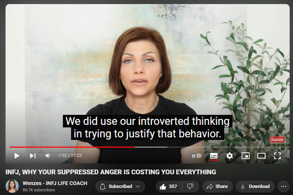 https://www.youtube.com/watch?v=YJWjdTvw6xs
INFJ, WHY YOUR SUPPRESSED ANGER IS COSTING YOU EVERYTHING

3,851 views  14 Aug 2024  2024 videos
Work with me 1-on-1: https://1-on-1-coaching.wenzes.com/
Free INFJ EPIC LIFE Formula Poster: https://infjformula.gr8.com/ 
Get the INFJ Audio GUIDE TODAY!!! https://wenzes.thinkific.com/courses/... 
Join INFJ Bootcamp Waiting List https://bootcampwaitinglist.wenzes.com/

INFJ Life Coach  Lesson: Unleash the power of INFJ rage! Discover why we shy away from this intense emotion and how facing it head-on can lead to personal growth and a whole new world of possibilities. Learn how expressing anger in a healthy way can transform your life as an INFJ.