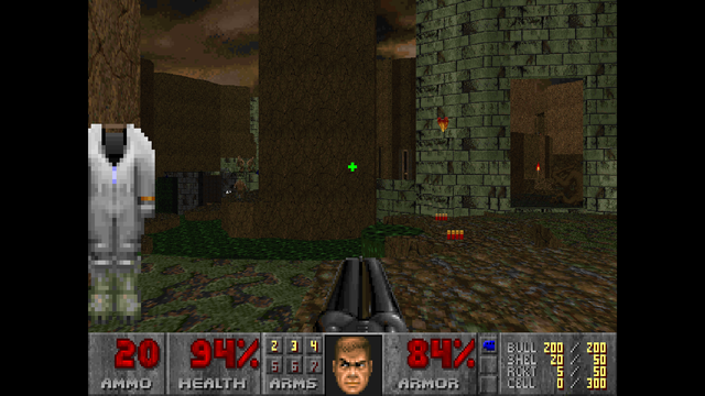 A picture of Doom II: No Rest For The Living. Shown is a picture of gameplay, taken from a first-person perspective, with black bars on the sides.

The picture shows a rudimentary 3D scene, with a limestone-green brick structure on the right, a brown rock tower in the centre, rock walls in the distance enclosing the area, and a cloudy brown sky. There is a pool of dark-green liquid surrounding the rock tower.

In the distance can be seen three figures, two of whom look the same but facing different directions. The two identical figures have beige skin and brown legs, reminiscent of goat's legs; the third figure is facing away from the player, has brown skin and light-grey spikes jutting out of their arms and torso.

To the left of the screen is a white-grey suit with green shoes. On the floor to the right are two sets of four shotgun shells. The bottom-centre shows a double-barrelled shotgun being held by the player.

The bottom of the screen shows a grey stats display. Text is coloured grey, red or yellow. From left to right:
Ammo, 20
Health, 94%
Arms, six numbers from 2-7, 2-4 are lit up
A man's face, scowling and looking camera-left
Armor, 84%
Three slots sorted vertically; one has a blue token
Ammo counts; BULL 200/200, SHEL 20/50, RCKT 5/50, CELL 0/300