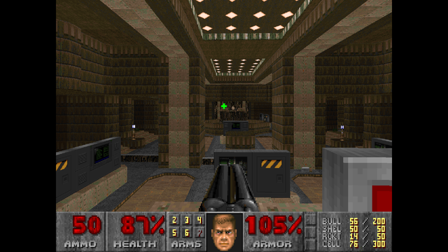 A picture of Doom II: No Rest For The Living. Shown is a picture of gameplay, taken from a first-person perspective, with black bars on the sides.

The picture shows a rudimentary 3D scene, with metallic walls and a ceiling enclosing the player in a large room. There are diamond-shaped lights indented into the ceiling, iron beams wrapping around a couple of the arches, and several computer-shaped boxes on raised platforms. The floor has some recessions, panels that look like grey carpeting, and stairs on the left leading to another room. A couple of standing lights can be seen in the distance on raised platforms.

The centre of the screen has a few items on a raised platform; two brown boxes and a beige-grey orb, too far away to make out any significant detail. The bottom-centre shows a double-barrelled shotgun being held by the player.

The bottom of the screen shows a grey stats display. Text is coloured grey, red or yellow. From left to right:
Ammo, 50
Health, 87%
Arms, six numbers from 2-7, 2-6 are lit up
A man's face, scowling and looking slightly camera-left
Armor, 105%
Three slots sorted vertically
Ammo counts; BULL 56/200, SHEL 50/50, RCKT 14/50, CELL 76/300