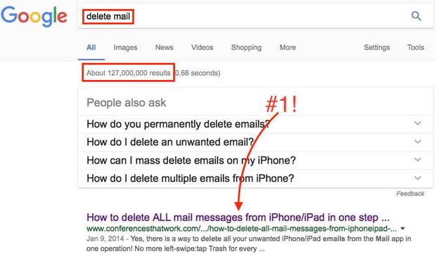 write a popular blog post: a screenshot of a Google search for &quot;delete mail&quot;. It shows an article I wrote at the top of the list of 127 million results.