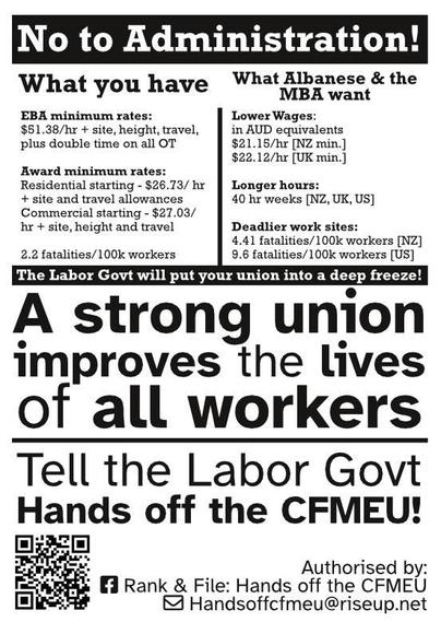 No to Administration 

A Strong Union improves the lives of all workers 

Tell the Labor Govt 
Hands off the CFMEU 