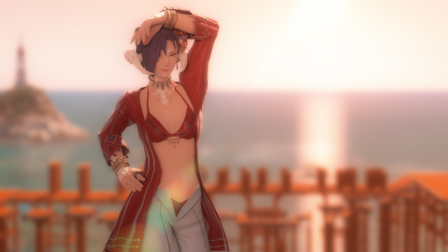 A female raen Au Ra in front of a sunset, wearing a red beach ensemble. She is winking at the viewer, one hand on her hip and one arranged over her head.