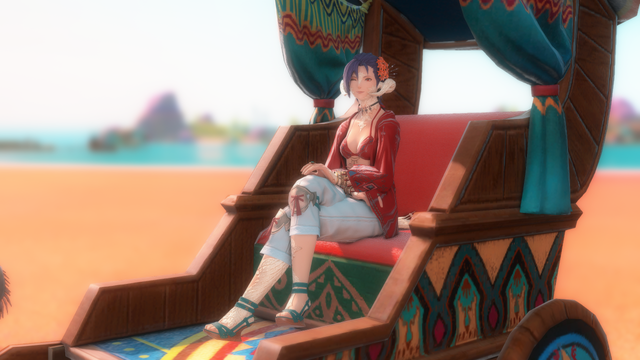 A female raen Au Ra sitting in a hippo cart, smiling at the viewer