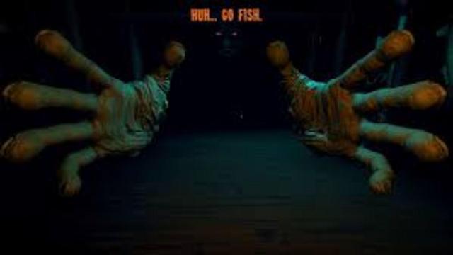 Shot of the game Inscryption. Hands reaching out to grab the player.