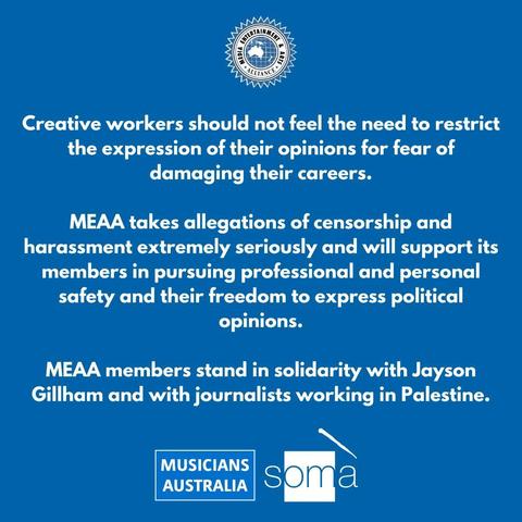 MEAA members stand in solidarity with Jayson Gillham and with journalists working in Palestine. 